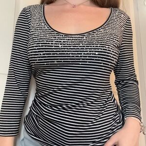 Cache Black & White Striped Scoop Neck Long Sleeve Top with Studs